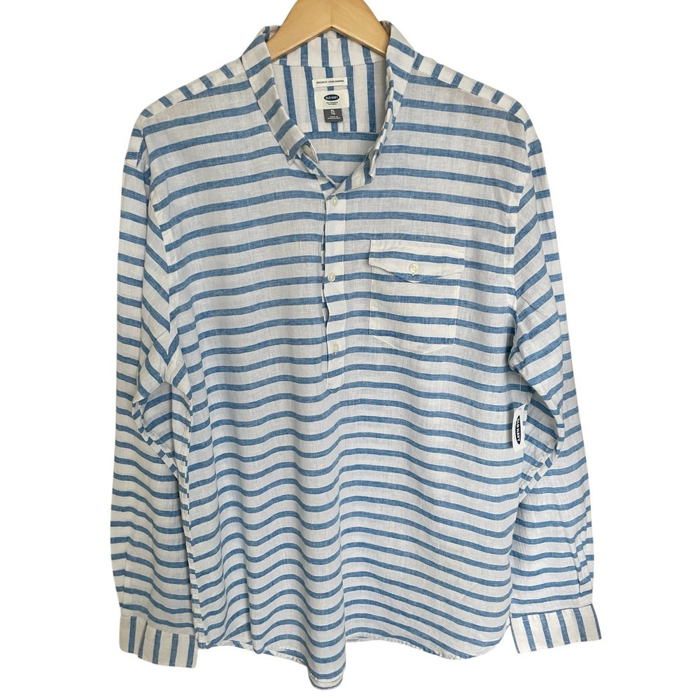Old Navy Linen Blend Striped‎ Popover Shirt Womens XL Long Sleeve Beachy Coastal